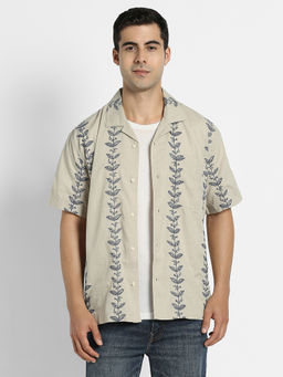 American Eagle - Men's Beige Striped Button-Up Poolside Shirt