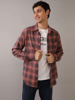 American Eagle - Men Burgundy Ae Slim Fit Everyday Plaid Linen-Blend Button-Up Shirt