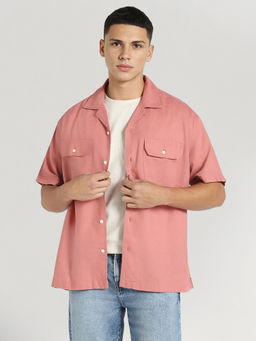 American Eagle - Men Peach Ae Linen-Blend Pool Side Casual Shirt