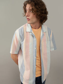 American Eagle - Men Multi-Colored Ae Linen-Blend Striped Pool Side Casual Shirt
