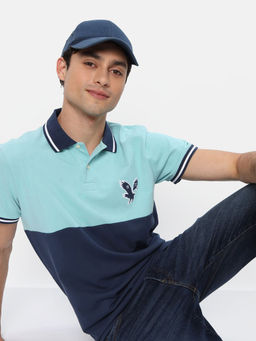 American Eagle - Men Blue Colorblock Pique Polo T-Shirt