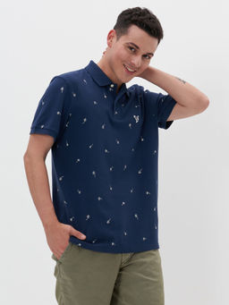 American Eagle - Men Blue Printed Flex Pique Polo T-Shirt