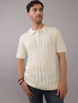 American Eagle - Men Cream Textured Sweater Polo Shirt