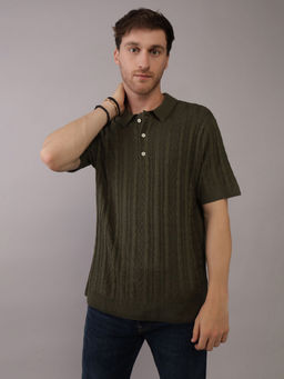 American Eagle - Men Olive Textured Sweater Polo Shirt