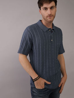 American Eagle - Men Navy Textured Sweater Polo Shirt