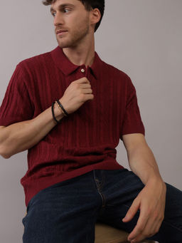 American Eagle - Men Burgundy Textured Sweater Polo Shirt