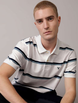 American Eagle - White Ae Striped Polo T-Shirt