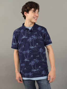 American Eagle - Men Blue Flex Pique Printed Polo Shirt