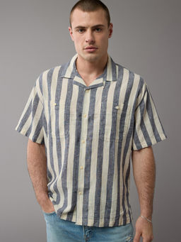 American Eagle - Ae Linen-Blend Striped Button-Up Poolside Casual Shirt