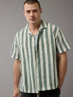 American Eagle - Ae Linen-Blend Striped Button-Up Poolside Casual Shirt