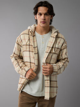 American Eagle - Men White Hooded Flannel Shirt