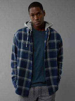 American Eagle - Men Blue Hooded Flannel Shirt