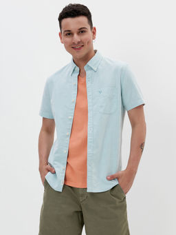 American Eagle - Men Green Short-Sleeve Everyday Oxford Button-Up Shirt