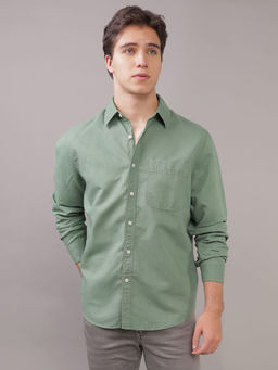 American Eagle - Men Green Linen Button-Up Shirt