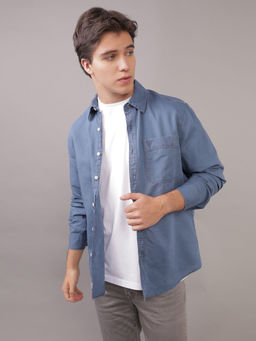American Eagle - Men Blue Linen Button-Up Shirt