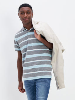 American Eagle - Men Grey Stripes Polo Neck T-Shirt