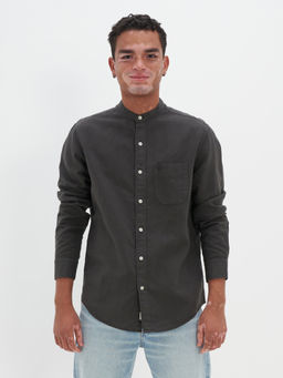 American Eagle - Men Grey Band Linen Button-Up Shirt