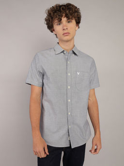 American Eagle - Men Grey Solid Short-Sleeves Slim Fit Button-Up Shirt