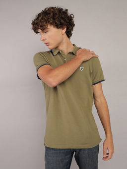 American Eagle - Men Olive Tipped Flex Pique Polo T-shirt