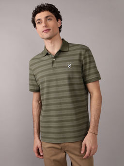 American Eagle - Men Olive Flex Pique Striped Polo T-shirt