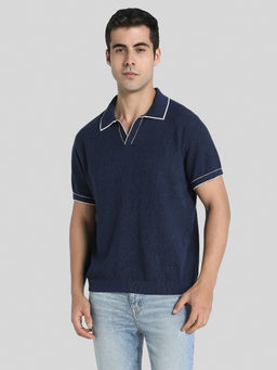 American Eagle - Men Navy Blue Tipped Johnny Polo T-shirt