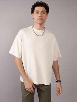 American Eagle - Men Cream Oversized Solid T-shirt