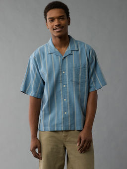 American Eagle - Men Blue Poolside Striped Button-Up Shirt