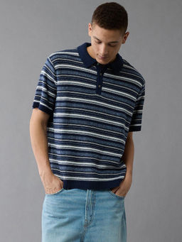 American Eagle - Men Navy Blue Stripes Polo T-shirt