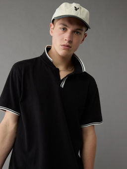 American Eagle - Men Black Textured Mesh Polo T-shirt