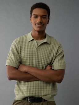 American Eagle - Men Green Textured Polo T-shirt
