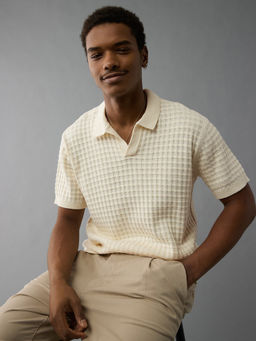 American Eagle - Men Off White Textured Polo T-shirt