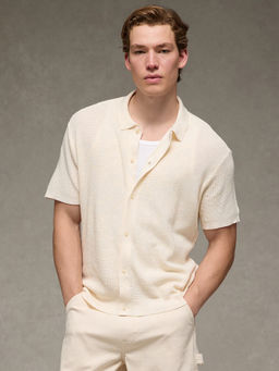 American Eagle - Men White Waffle Button-Up Shirt