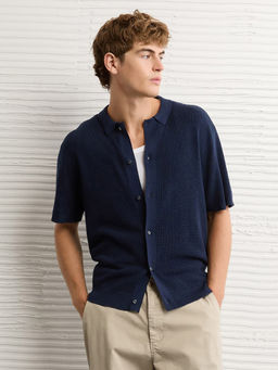 American Eagle - Men Blue Waffle Button-Up Shirt