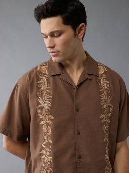 American Eagle - Men Brown Embroidered Linen-Blend Button-Up Poolside Shirt