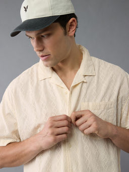 American Eagle - Men Cream Textured Printed Button-Up Poolside Shirt