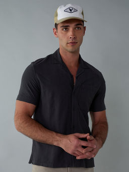 American Eagle - Men Grey Short-Sleeve Jacquard Button-Up Shirt