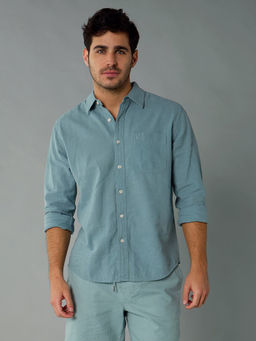 American Eagle - Men Green Long-Sleeve Linen-Blend Button-Up Shirt