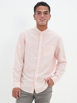 American Eagle - Men Linen Blend Solid Mandarin Neck Regular Fit Pink Shirt