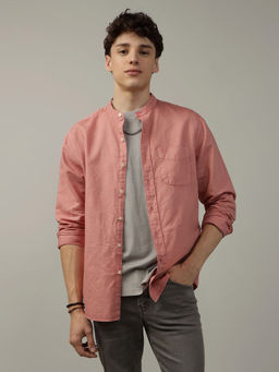 American Eagle - Men Linen Blend Solid Mandarin Neck Regular Fit Pink Shirt