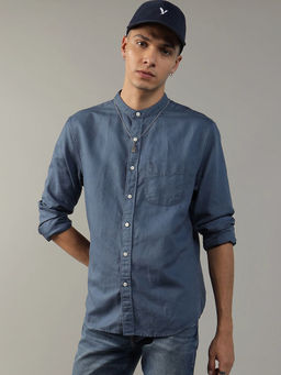 American Eagle - Men Linen Blend Solid Collar Neck Regular Fit Blue Shirt