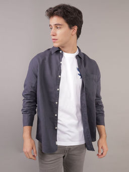 American Eagle - Men Linen Blend Solid Collar Neck Regular Fit Navy Blue Shirt