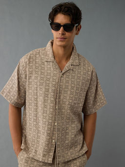 American Eagle - Men Cotton Blend Printed Notched Lapel Regular Fit Khaki Shirt