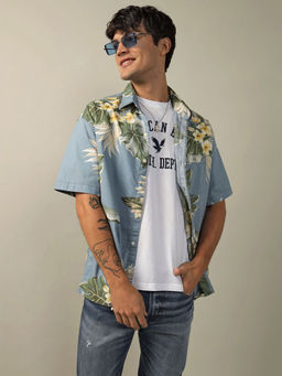 American Eagle - Men Cotton Blend Floral Collar Neck Regular Fit Blue Shirt
