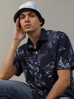 American Eagle - Men Cotton Blend Floral Collar Neck Regular Fit Navy Blue Shirt