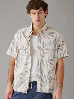American Eagle - Men Cotton Blend Printed Collar Neck Regular Fit Beige Shirt