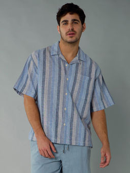 American Eagle - Men Linen Blend Stripes Collar Neck Regular Fit Blue Shirt