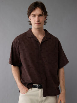 American Eagle - Men Cotton Blend Embroidered Collar Neck Regular Fit Brown Shirt