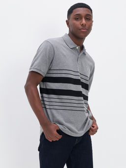 American Eagle - Men Medium Heather Gray Striped Polo Shirt