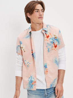 American Eagle - Men Ballet Pink Tropical Button-Up Resort Shirt