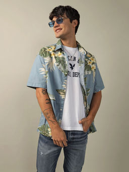 American Eagle - Men Cerulean Blue Tropical Button-Up Poolside Shirt